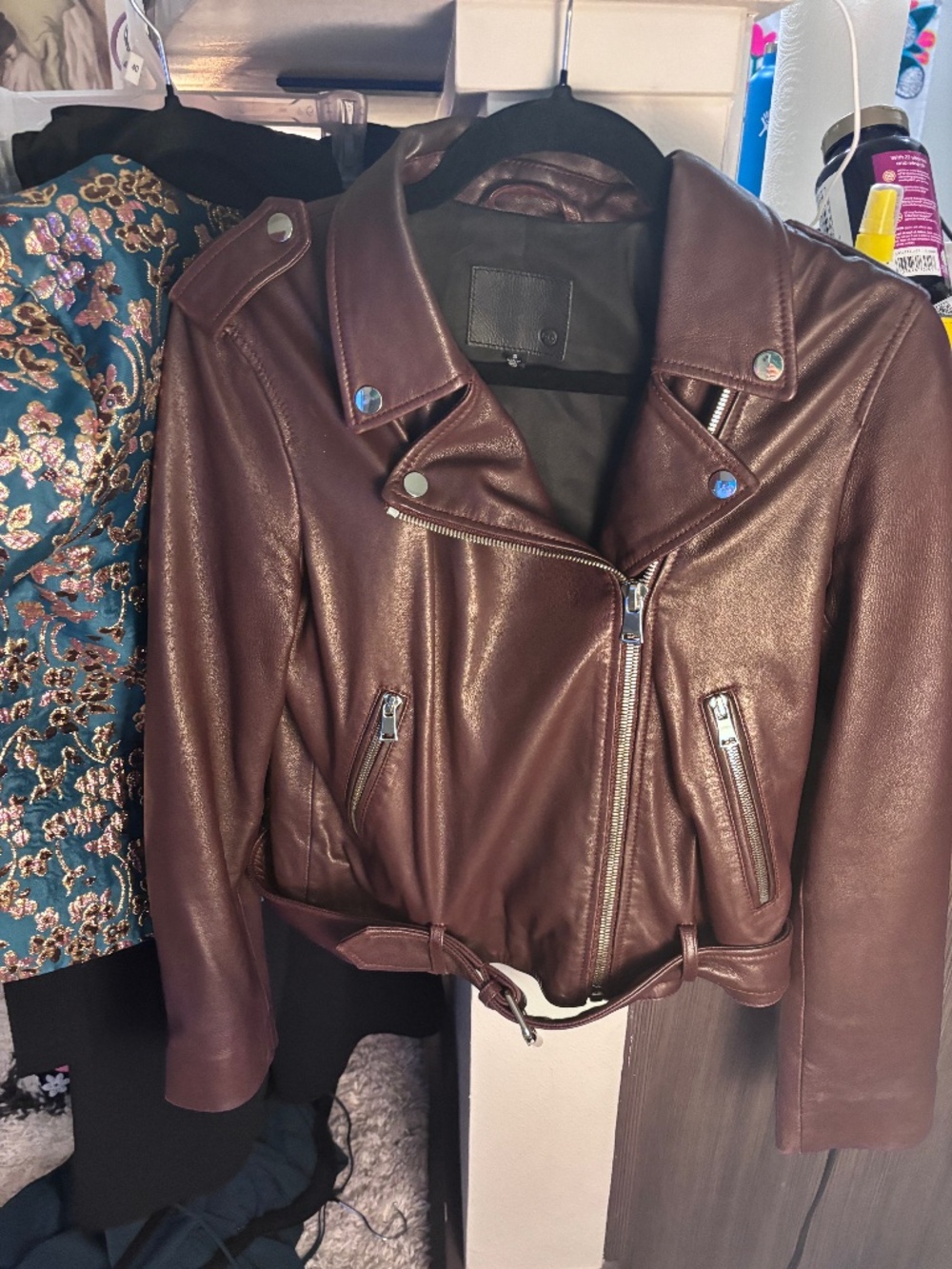 AG Adriano Goldschmied Leather Motorcycle Jacket Spiced Rum, Size S